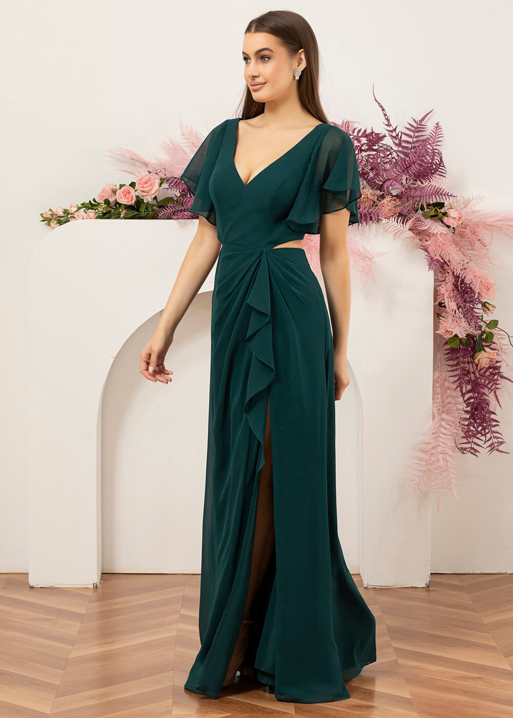 V-neck Waist Cut Out  Floor Length Bridesmaid Dress