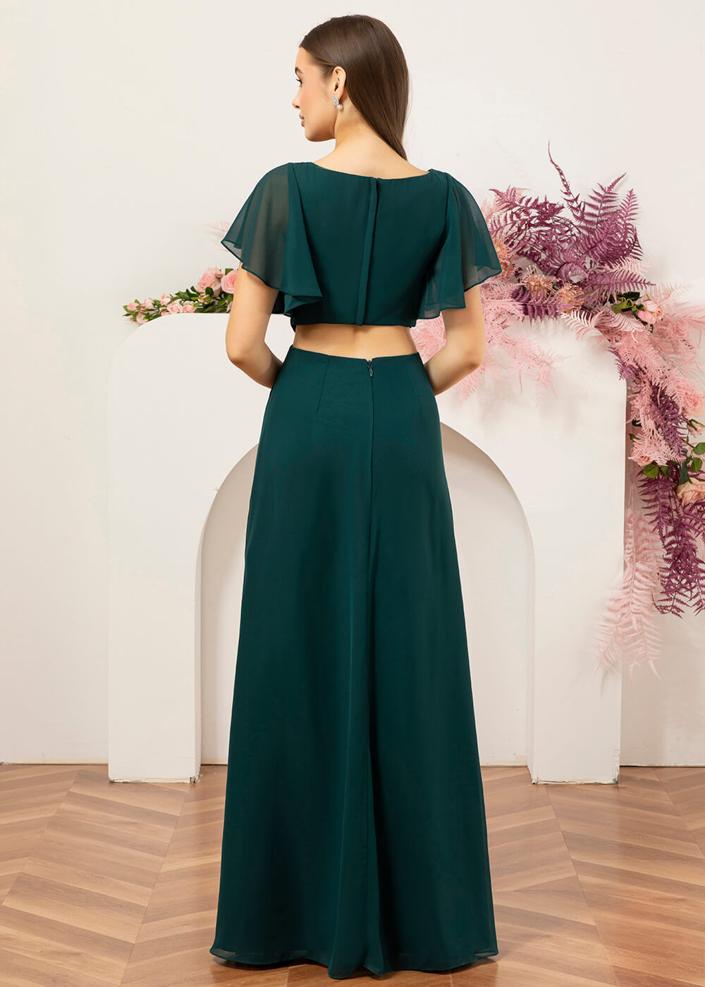V-neck Waist Cut Out Floor Length Bridesmaid Dress