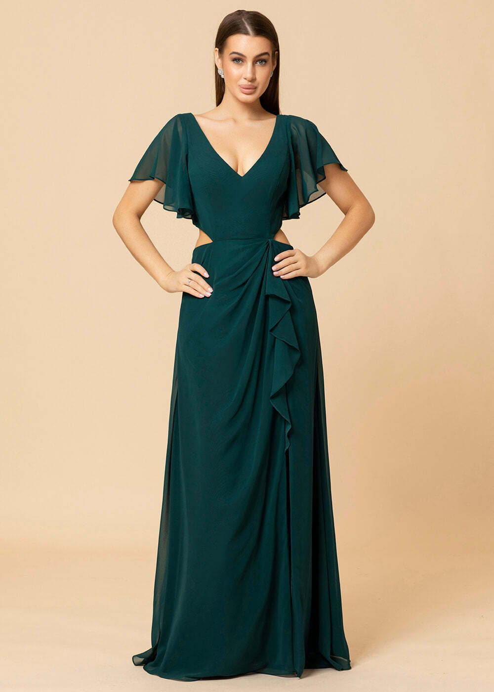 V-neck Waist Cut Out Floor Length Bridesmaid Dress