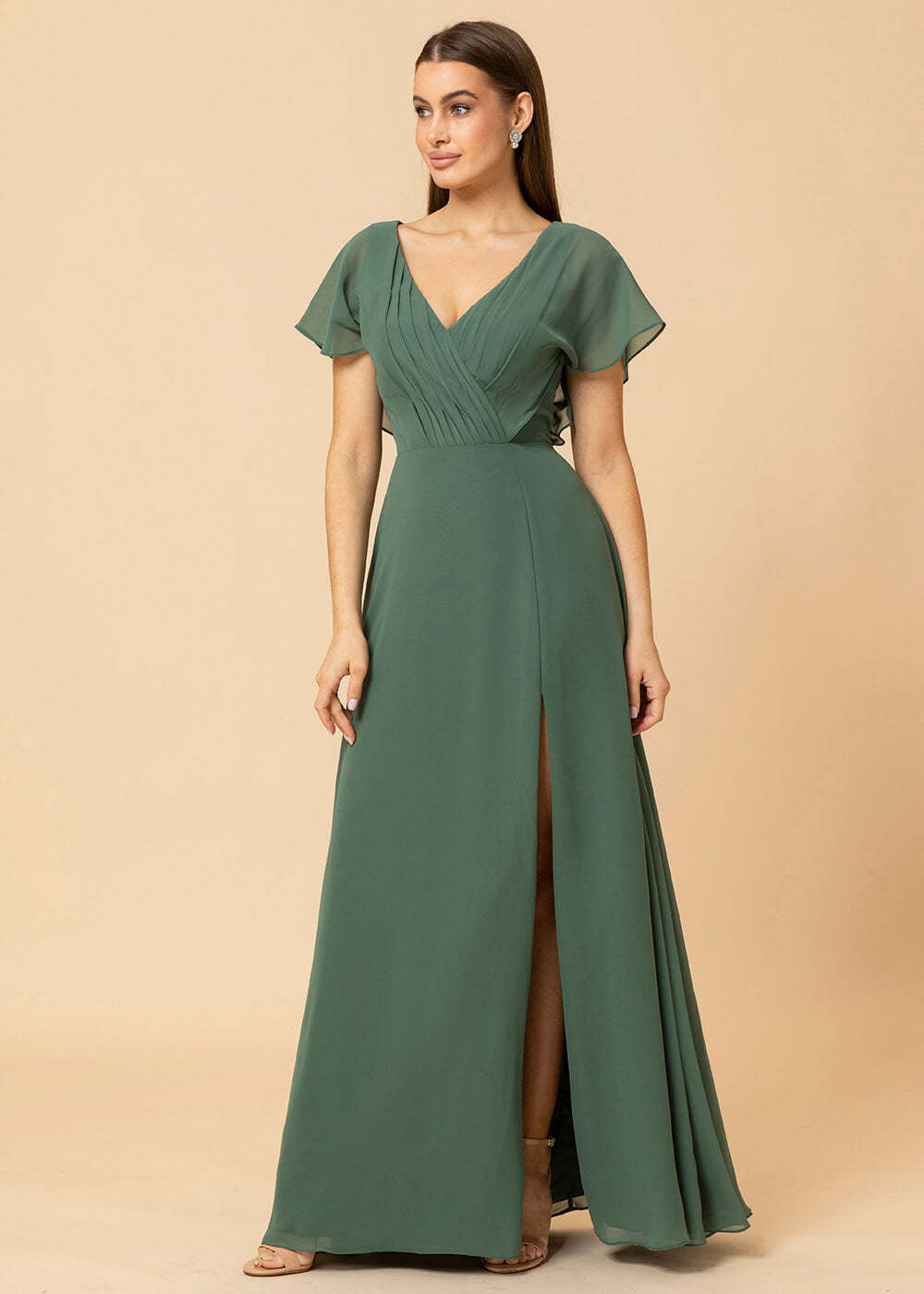 V-neck A-line Cap Sleeve Chiffon Long Bridesmaid Dress