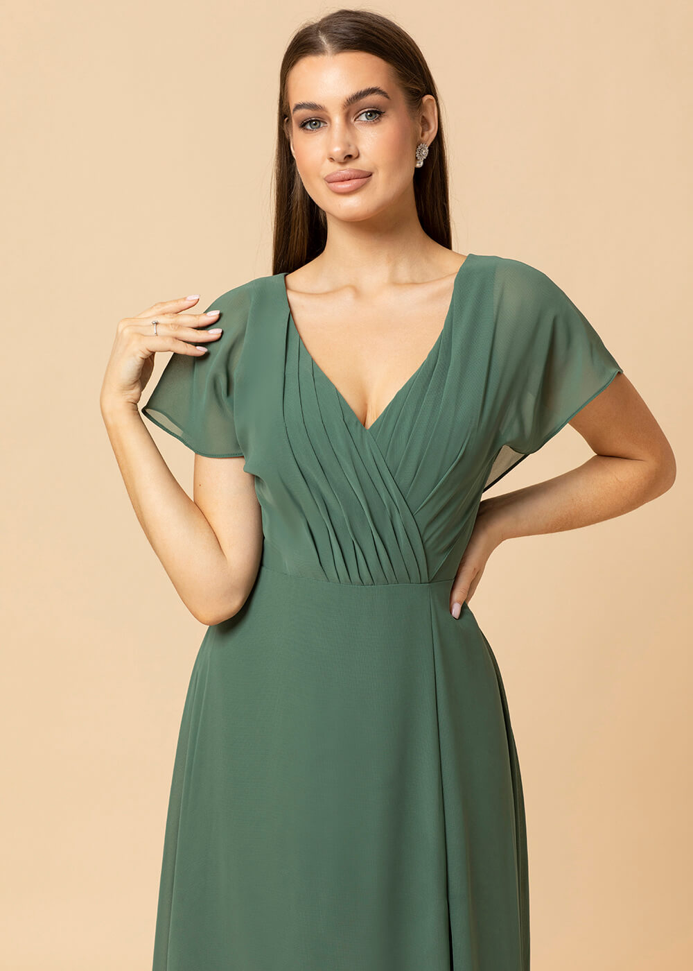 V-neck A-line Cap Sleeve Chiffon Long Bridesmaid Dress