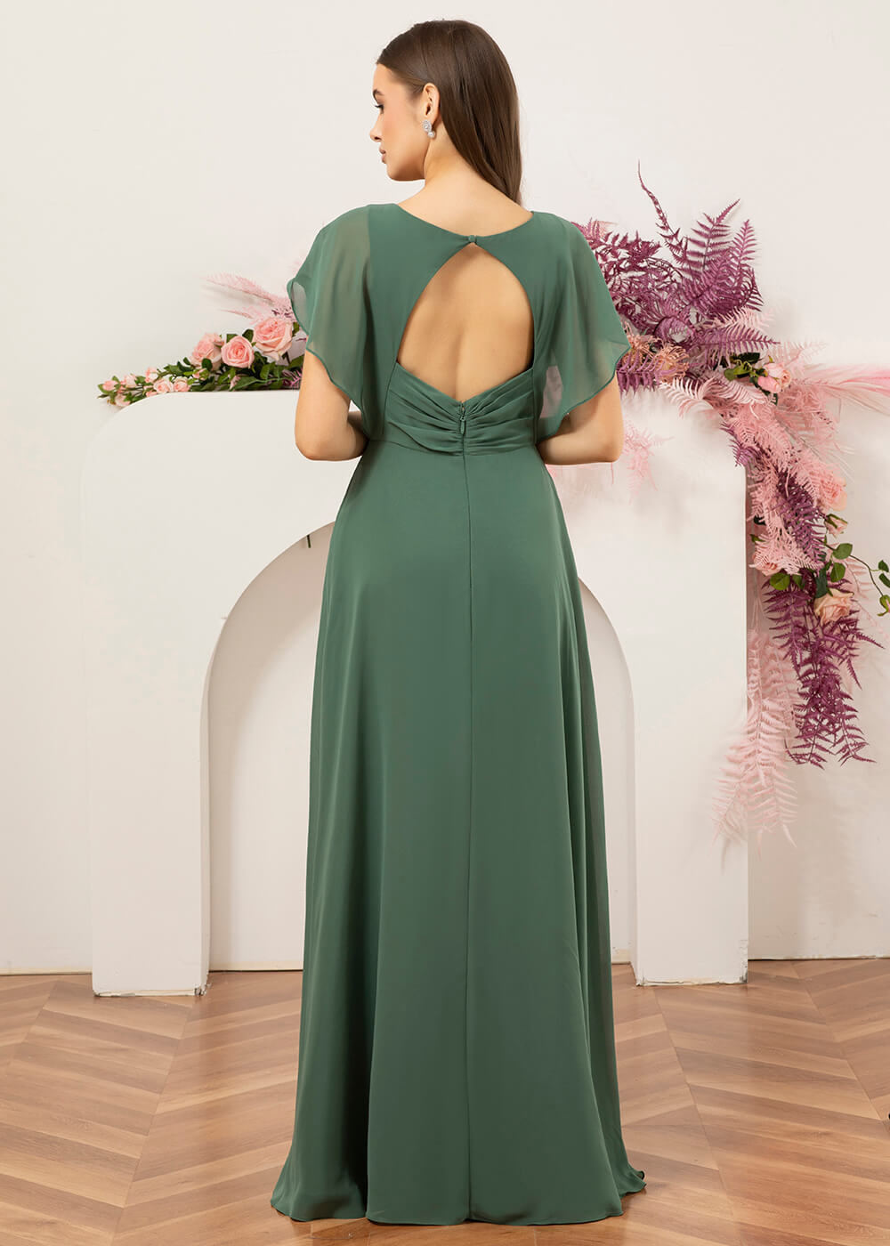 V-neck A-line Cap Sleeve Chiffon Long Bridesmaid Dress