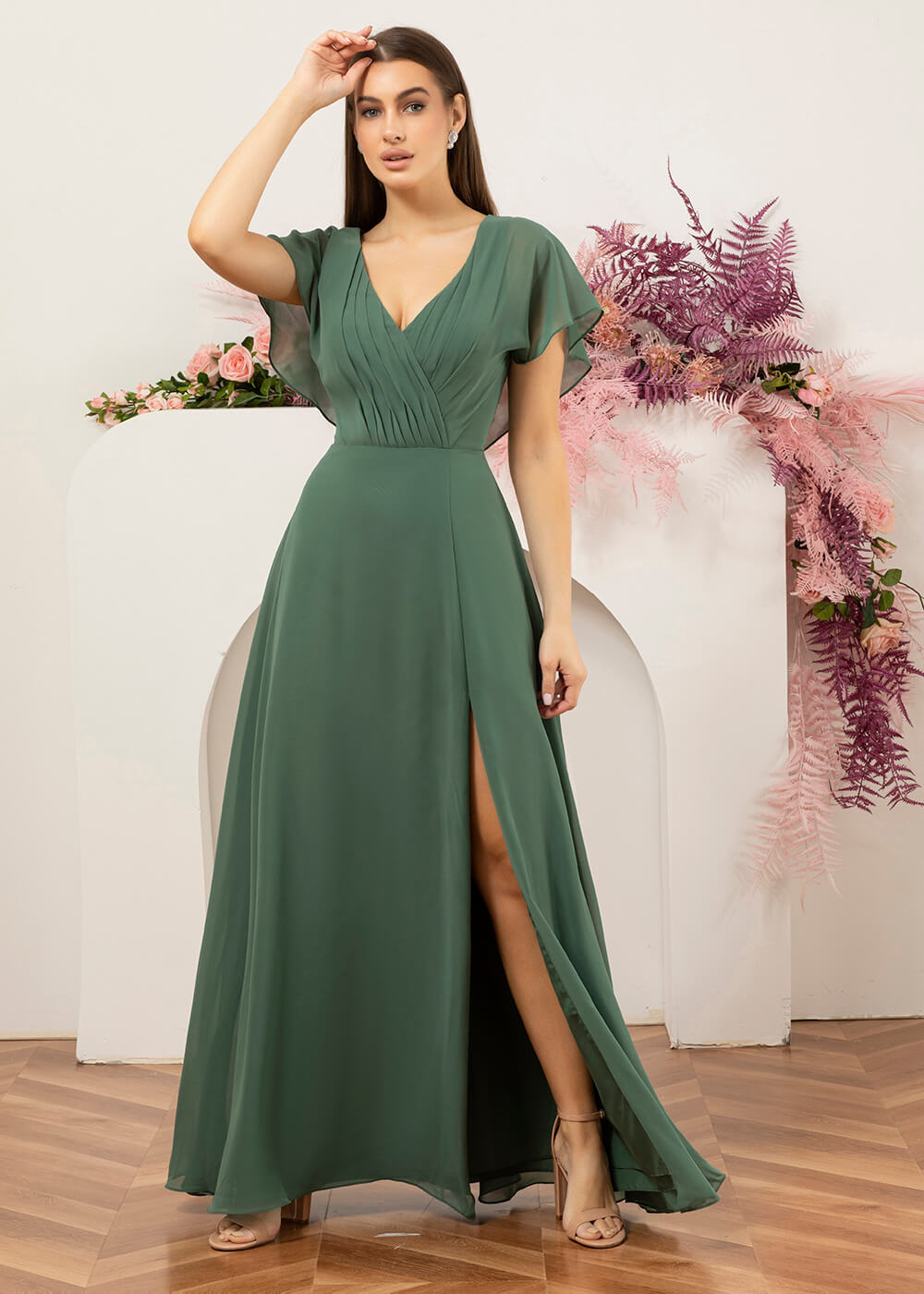 V-neck A-line Cap Sleeve Chiffon Long Bridesmaid Dress