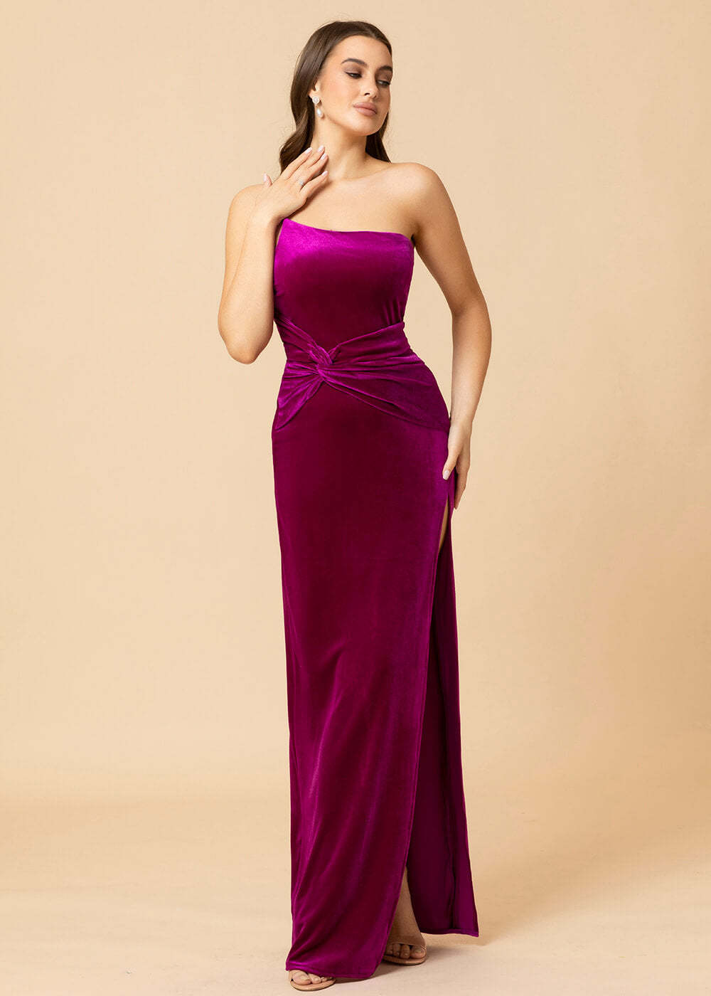 Sheath One Shoulder Velevt Bridesmaid Dress With Side Slit