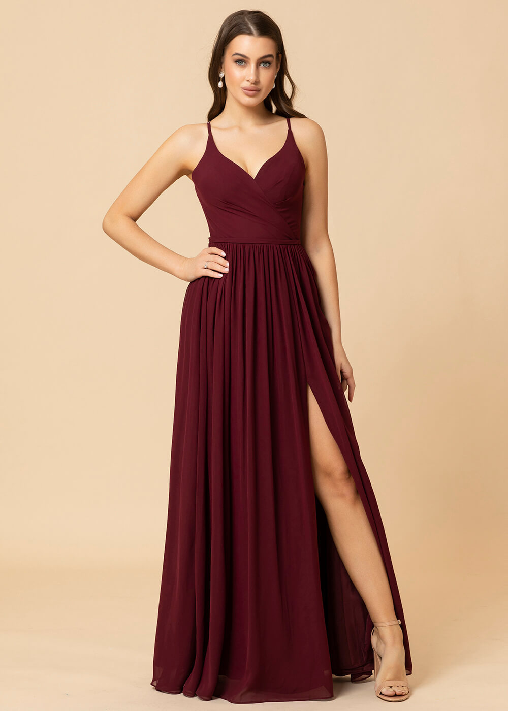 V-neck A-line Back Detail Chiffon Bridesmaid Dress