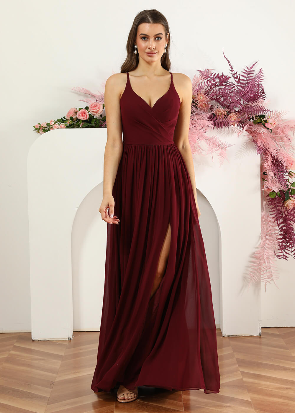 V-neck A-line Back Detail Chiffon Bridesmaid Dress