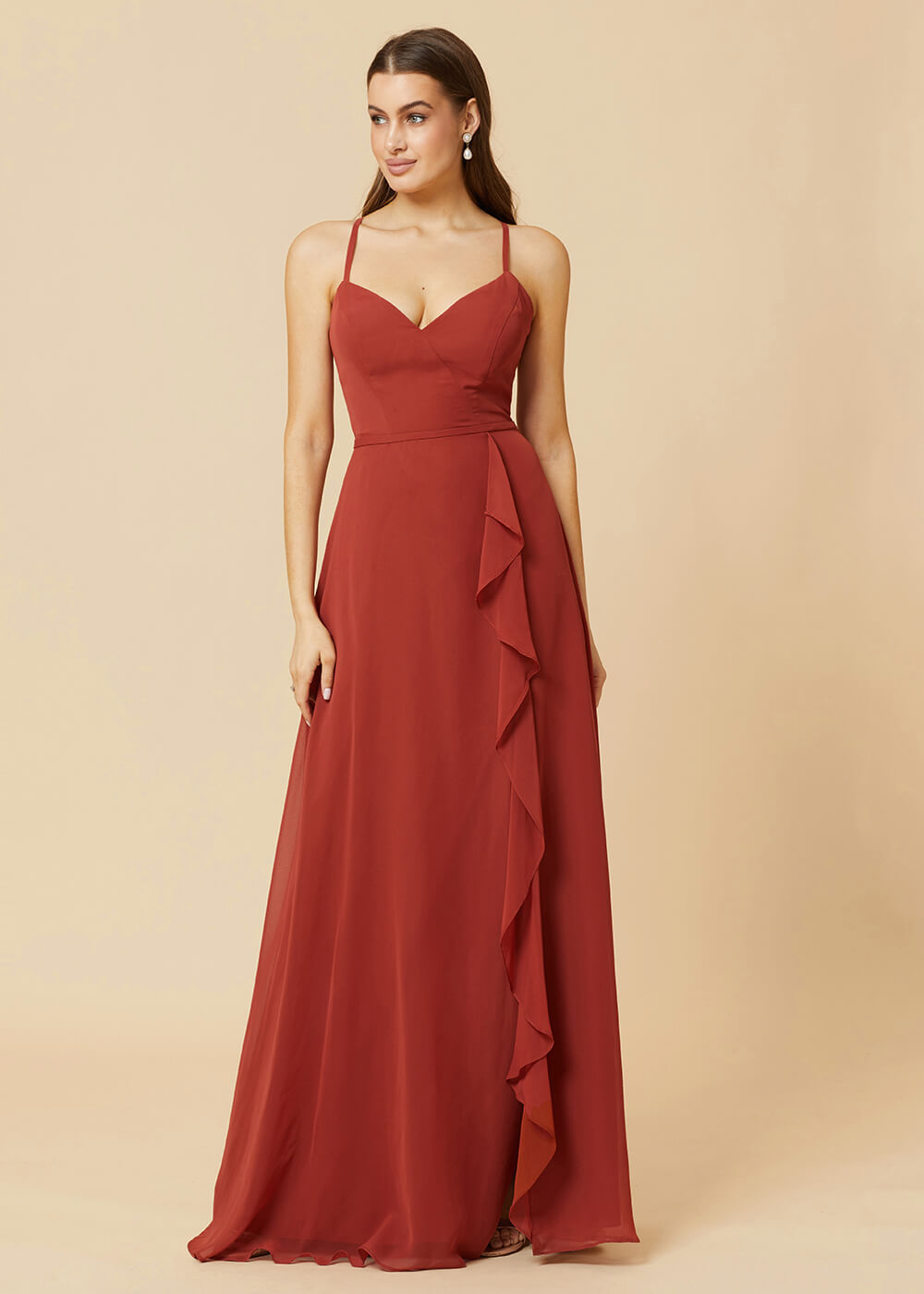 V-neck Strap Cross Back Chiffon Bridesmaid Dress