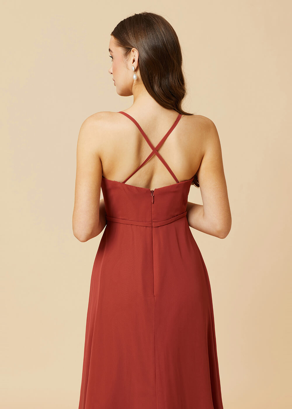 V-neck Strap Cross Back Chiffon Bridesmaid Dress