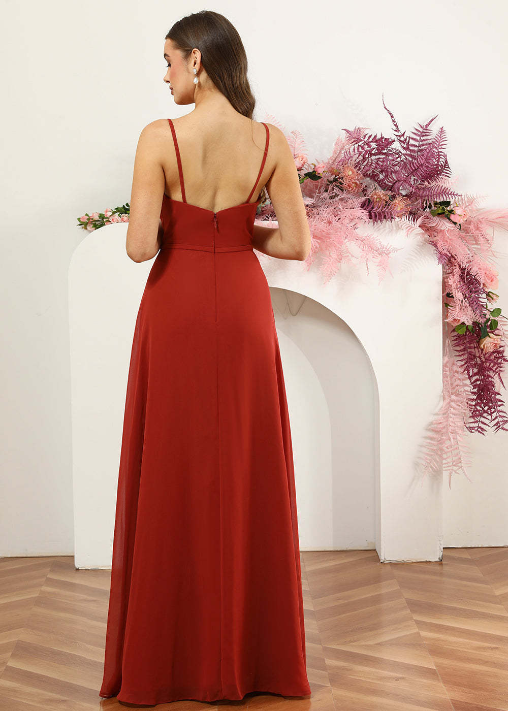V-neck Strap Cross Back Chiffon Bridesmaid Dress