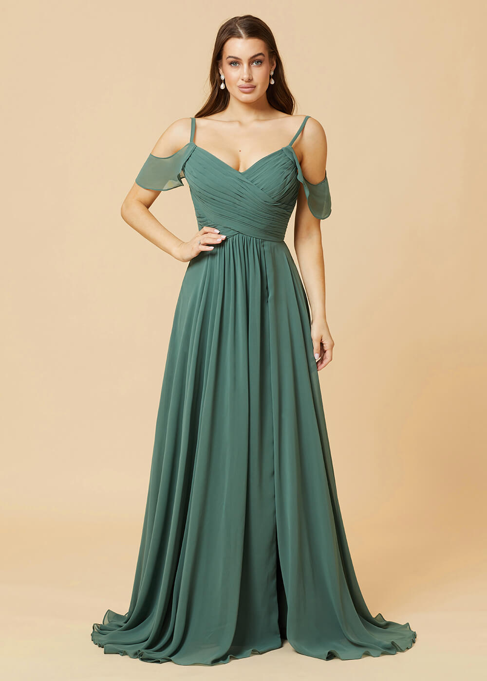Floor Length V-neck Open Shoulder Sleeve Chiffon Bridesmaid Dress