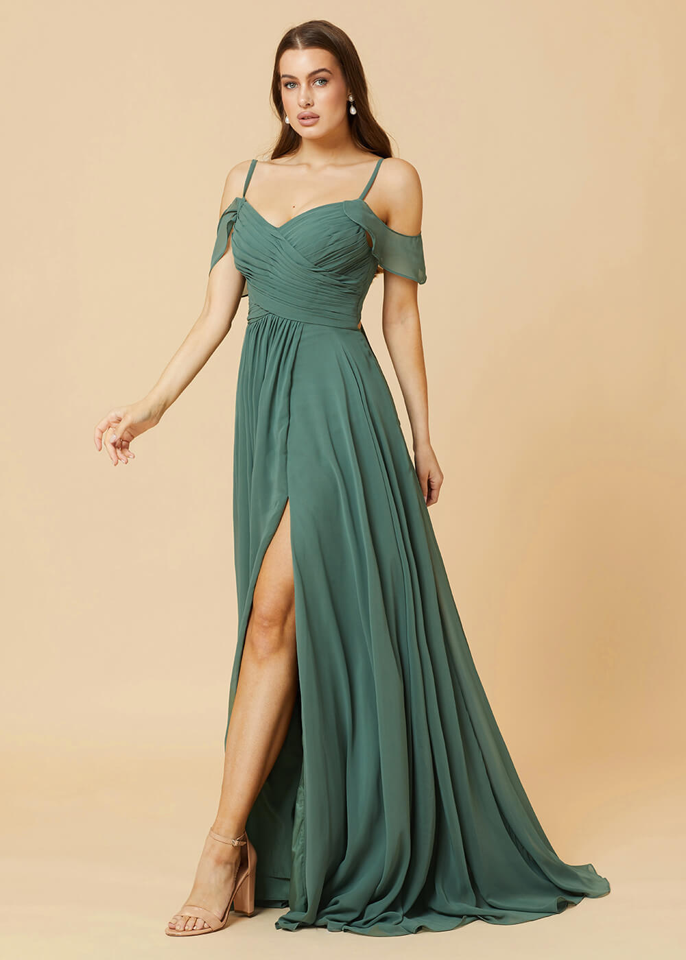 Floor Length V-neck Open Shoulder Sleeve Chiffon Bridesmaid Dress