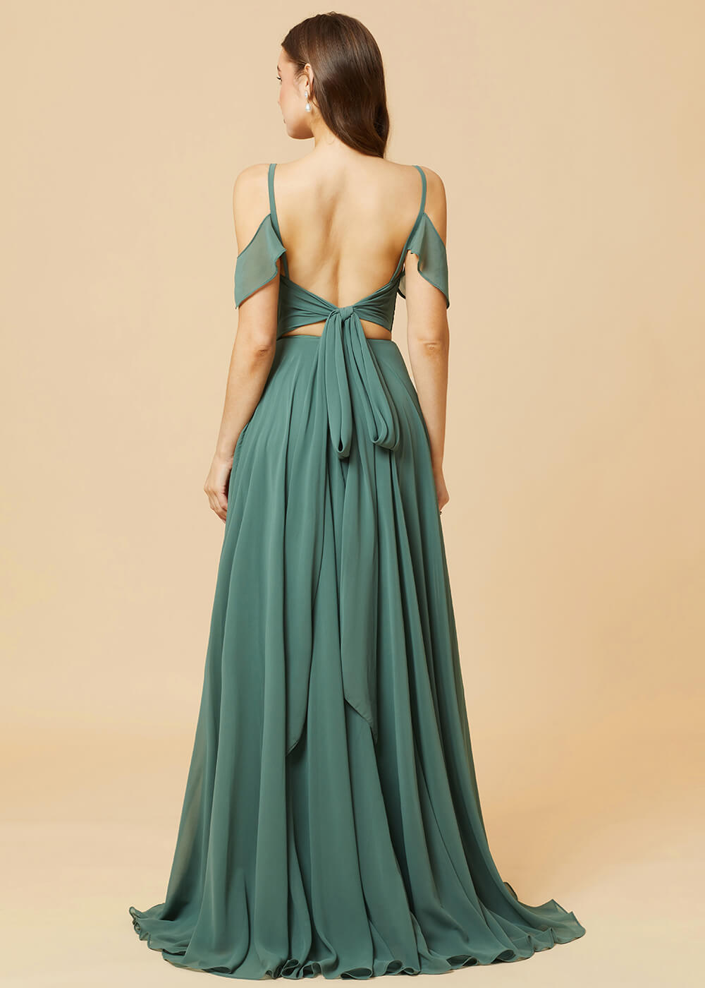 Floor Length V-neck Open Shoulder Sleeve Chiffon Bridesmaid Dress