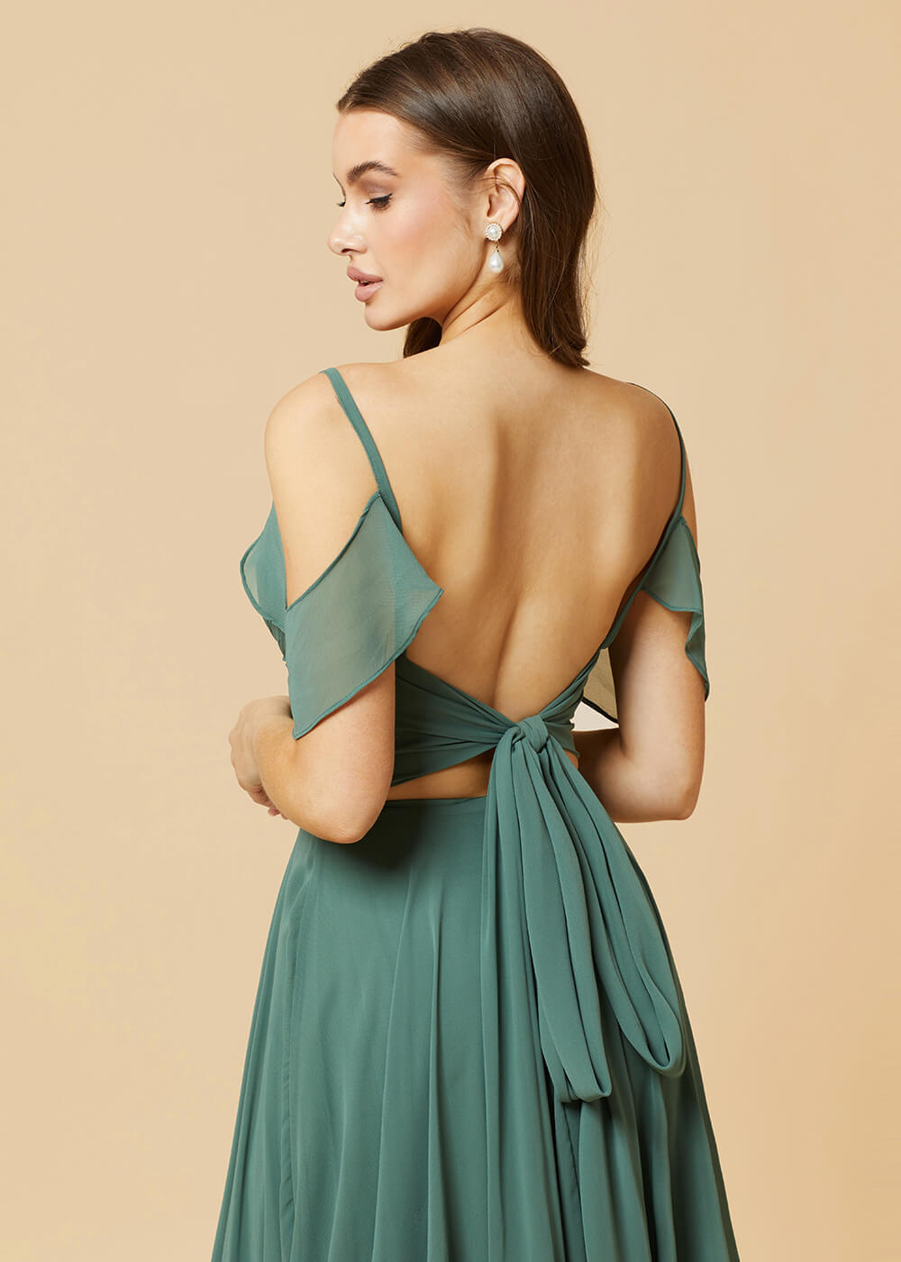 Floor Length V-neck Open Shoulder Sleeve Chiffon Bridesmaid Dress