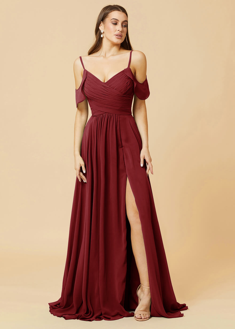 Floor Length V-neck Open Shoulder Sleeve Chiffon Bridesmaid Dress