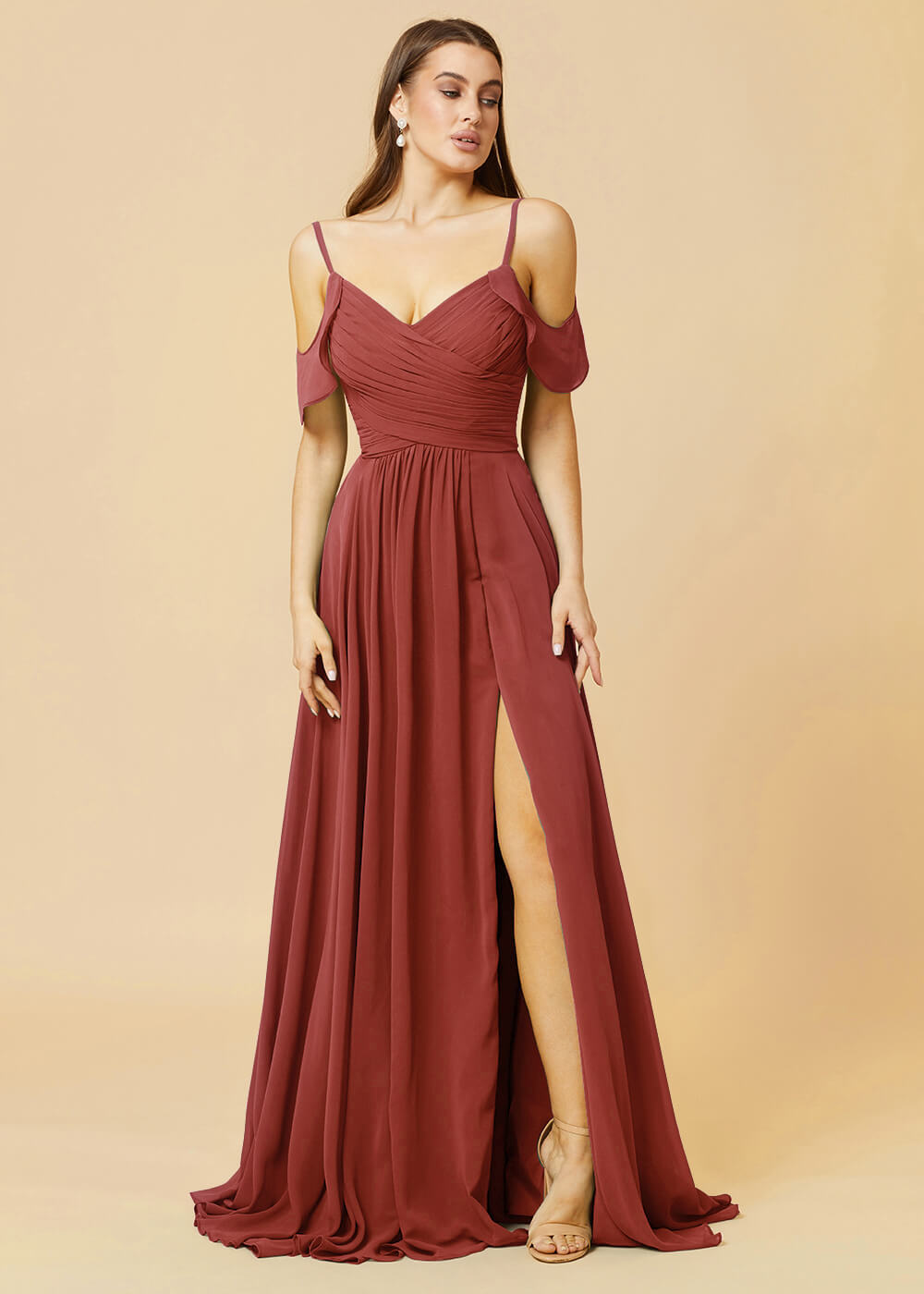 Floor Length V-neck Open Shoulder Sleeve Chiffon Bridesmaid Dress