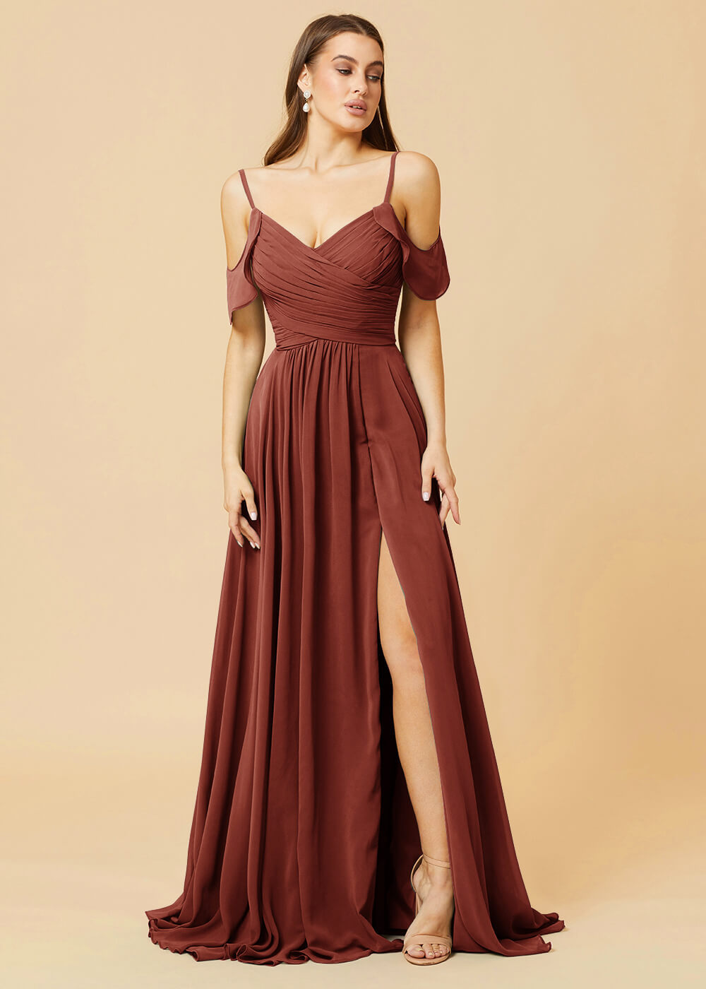 Floor Length V-neck Open Shoulder Sleeve Chiffon Bridesmaid Dress