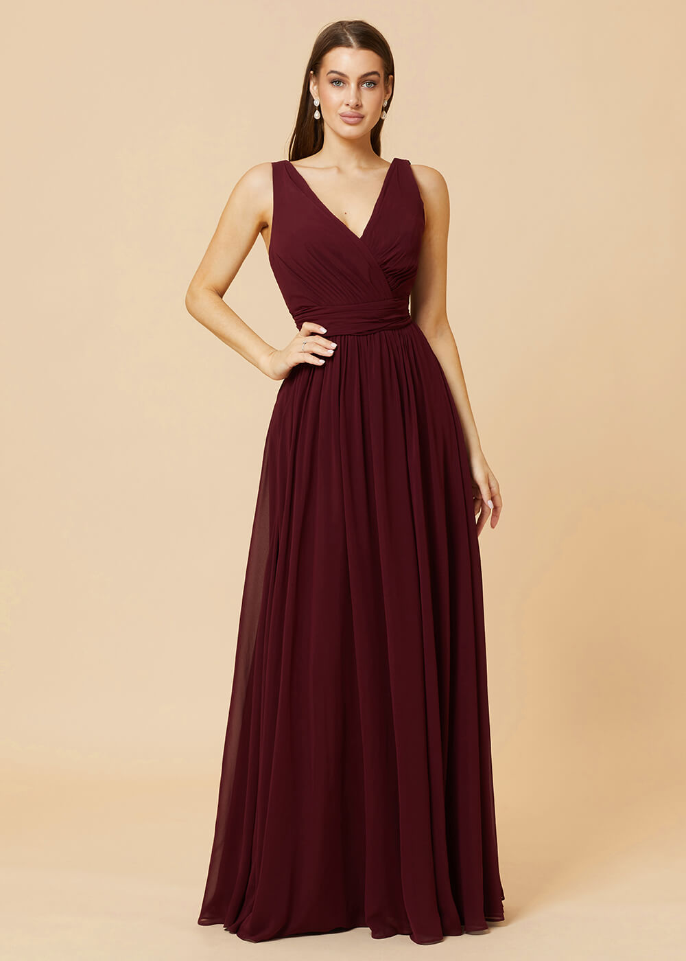V-neck Pleated Tie Back Chiffon Bridesmaid Dress