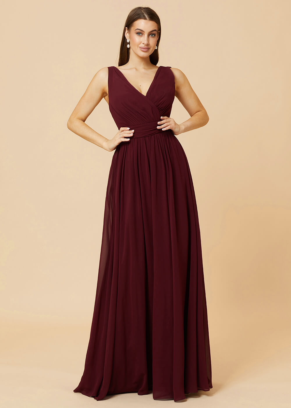V-neck Pleated Tie Back Chiffon Bridesmaid Dress