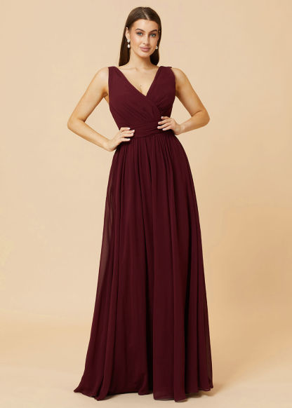 V-neck Pleated Tie Back Chiffon Bridesmaid Dress