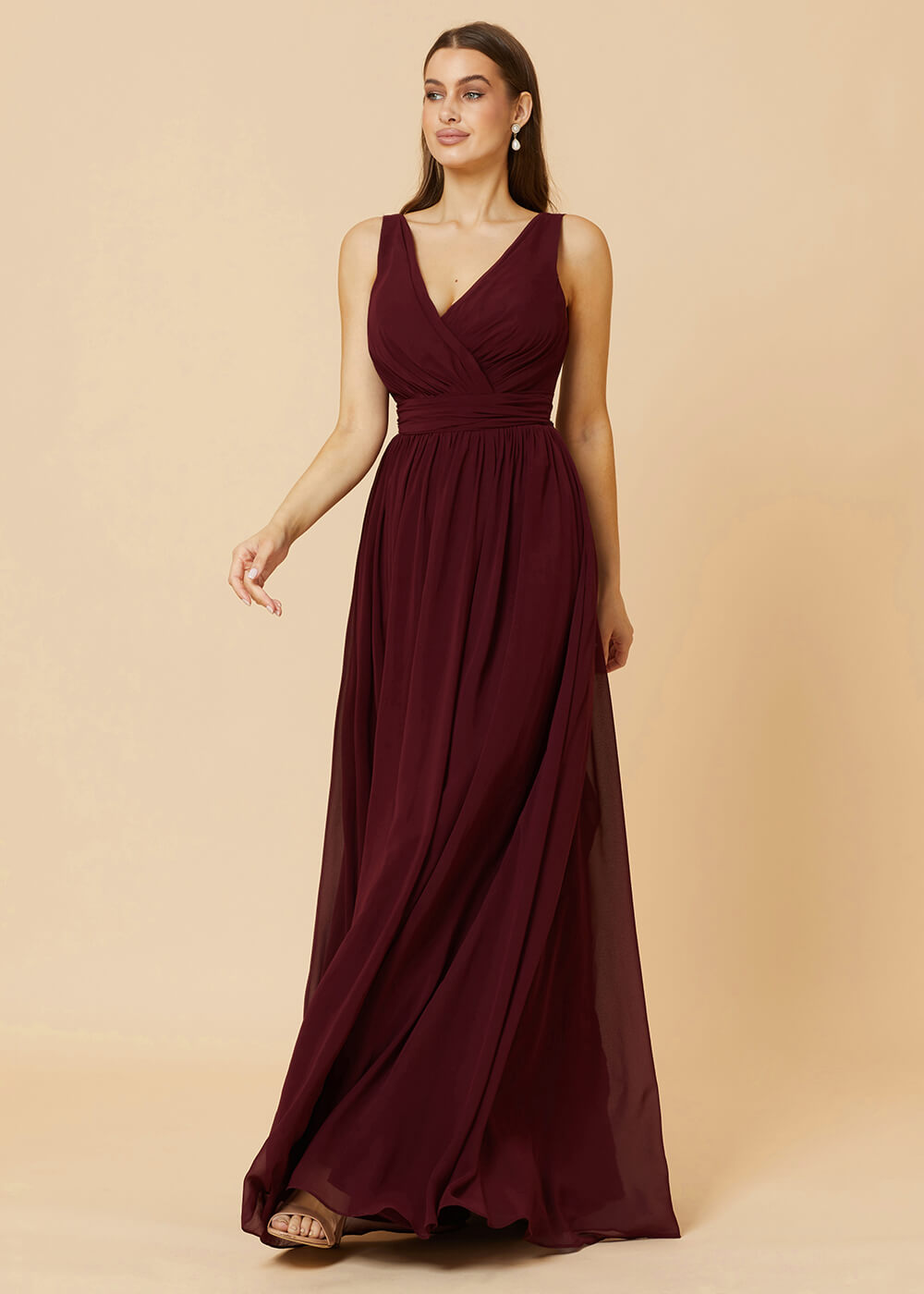 V-neck Pleated Tie Back Chiffon Bridesmaid Dress