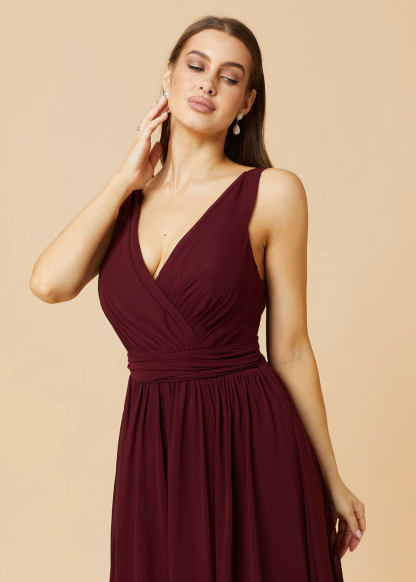 V-neck Pleated Tie Back Chiffon Bridesmaid Dress