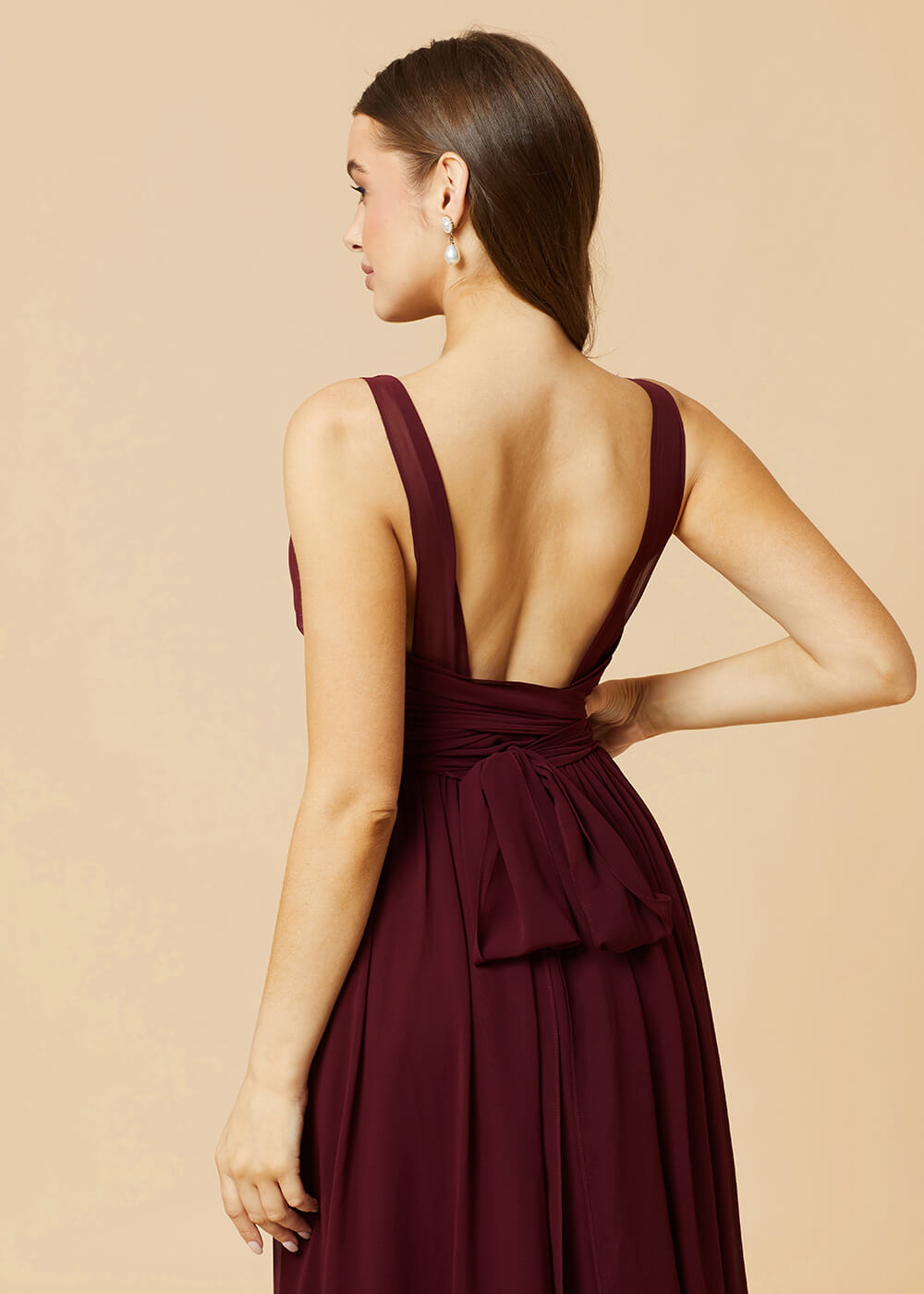 V-neck Pleated Tie Back Chiffon Bridesmaid Dress