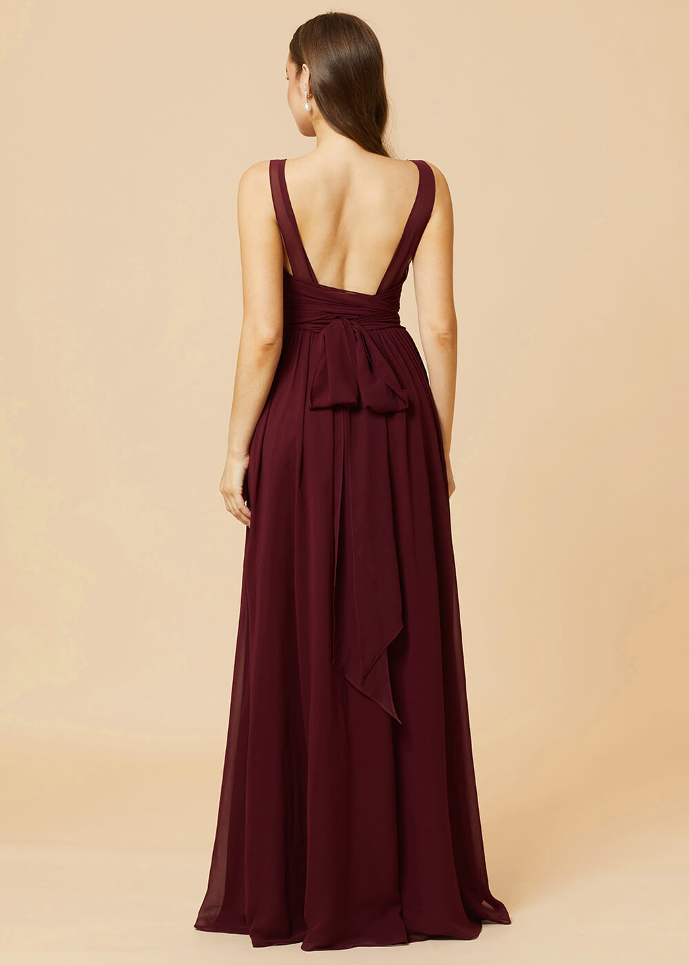 V-neck Pleated Tie Back Chiffon Bridesmaid Dress