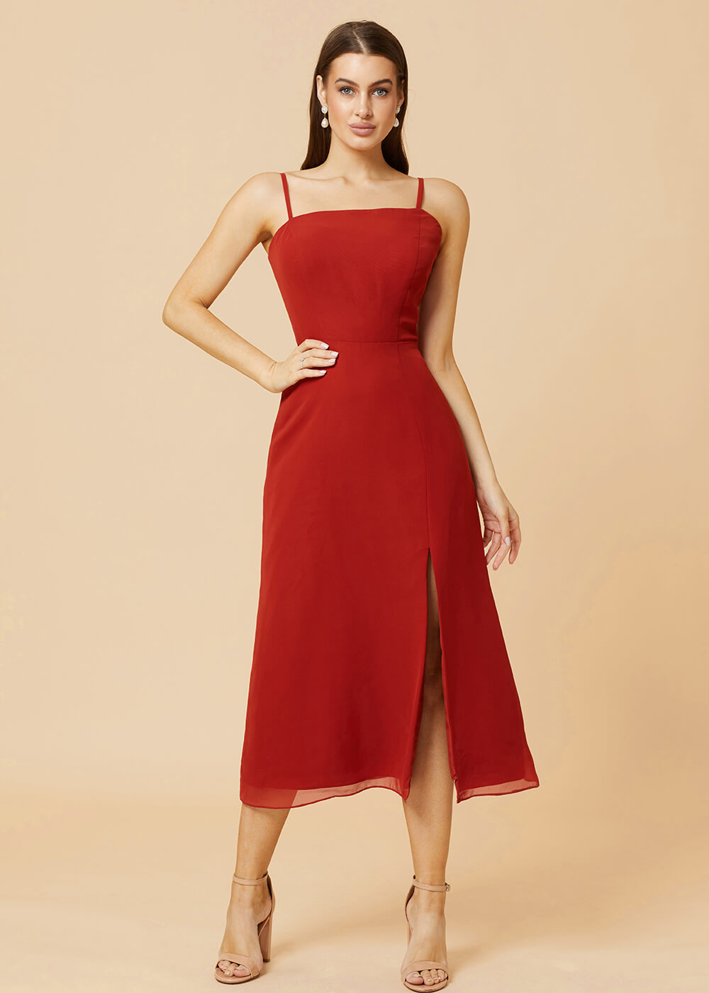 Straight Neck Spaghetti Strap Tea Length A-line Chiffon Bridesmaid Dress
