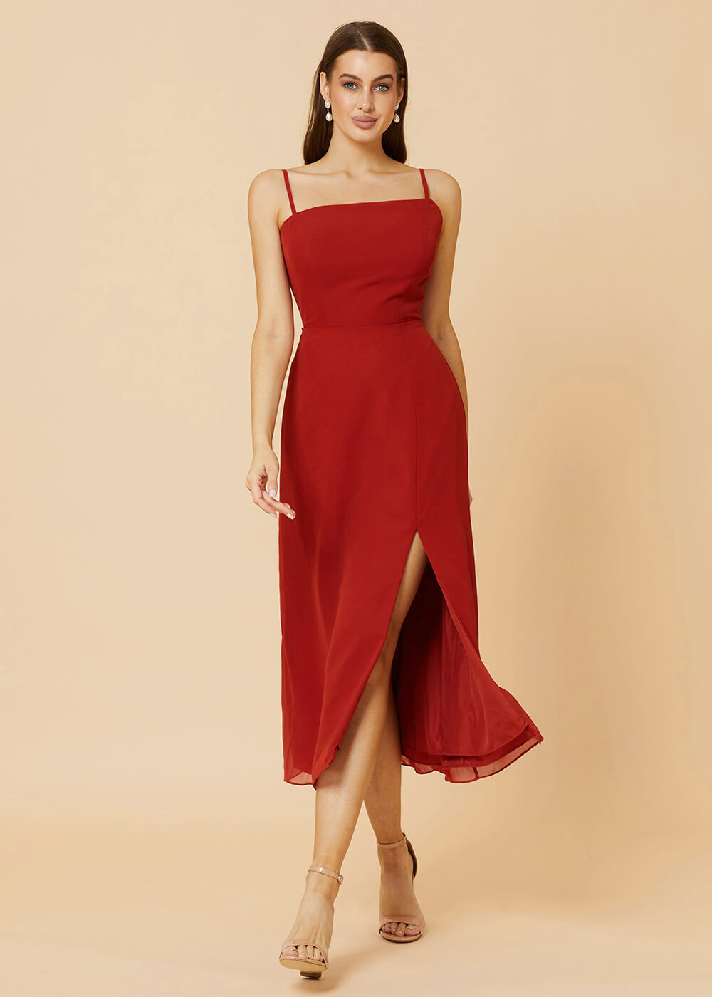 Straight Neck Strap Tea Length Bridesmaid Dress