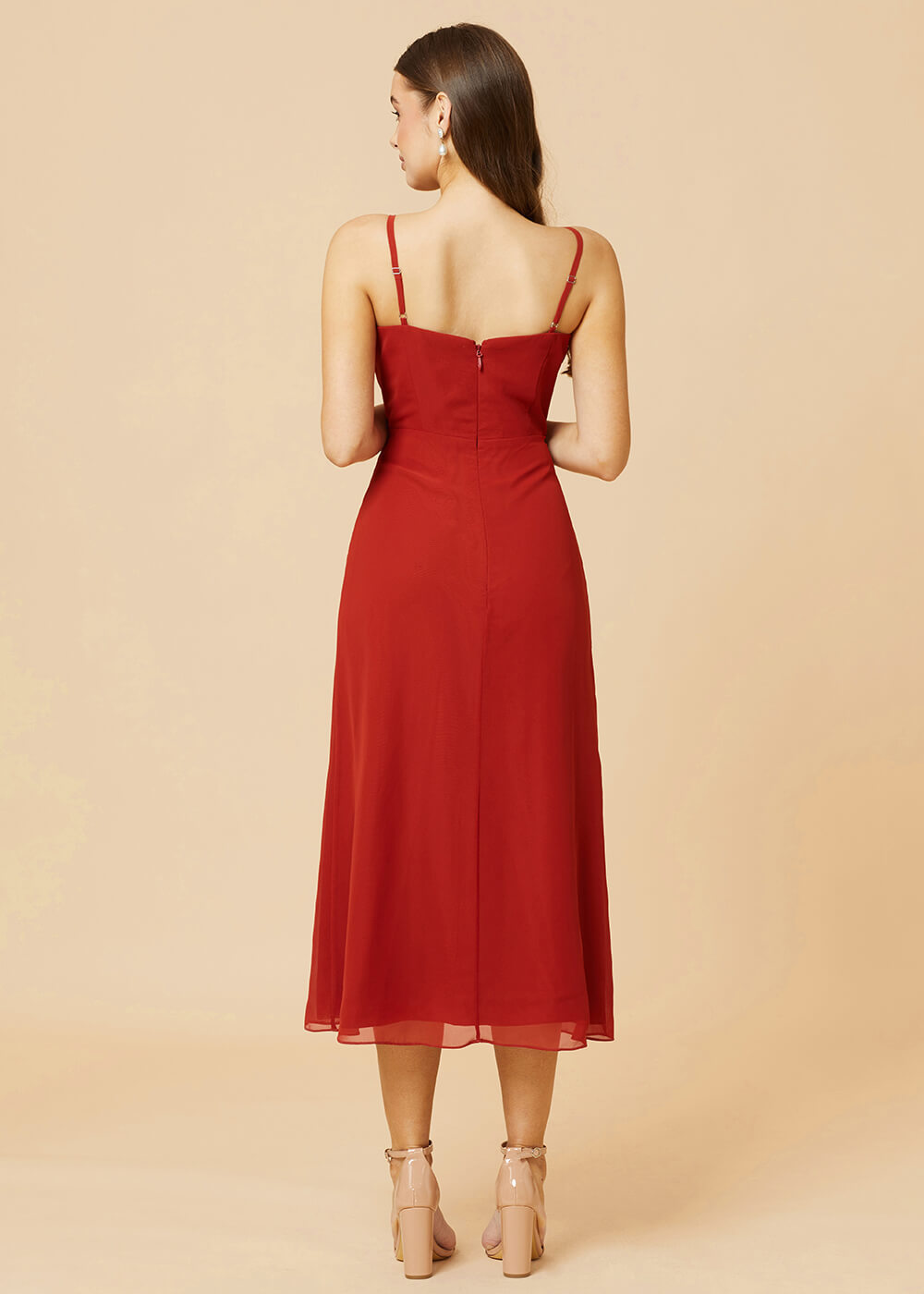 Straight Neck Strap Tea Length Bridesmaid Dress