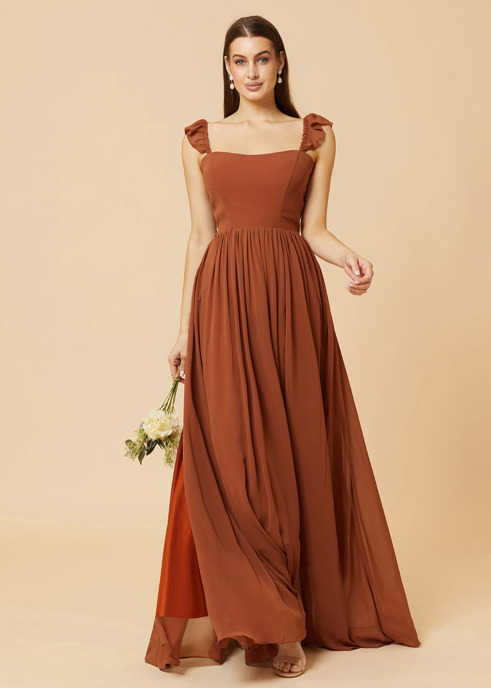 Square Neck A-line Chiffon Long Bridesmaid Dress