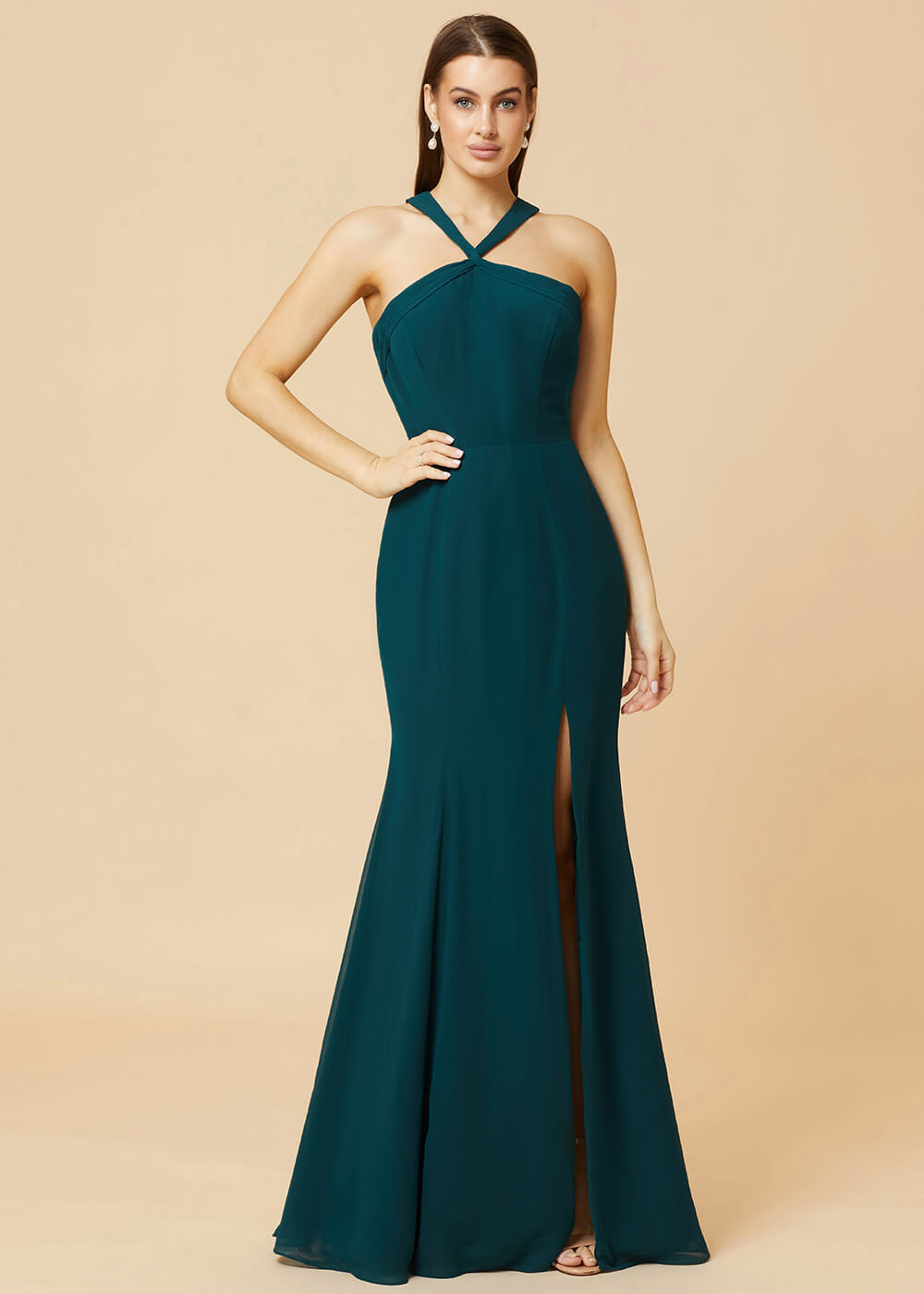 Halter Neck Sheath Chiffon Maxi Bridesmaid Dress