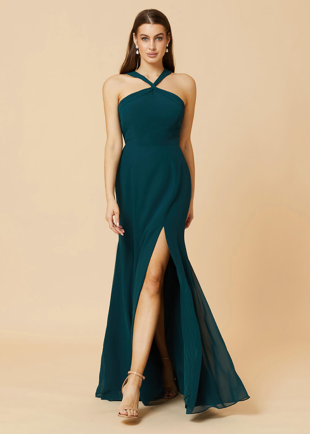 Halter Neck Sheath Chiffon Maxi Back Detail Bridesmaid Dress