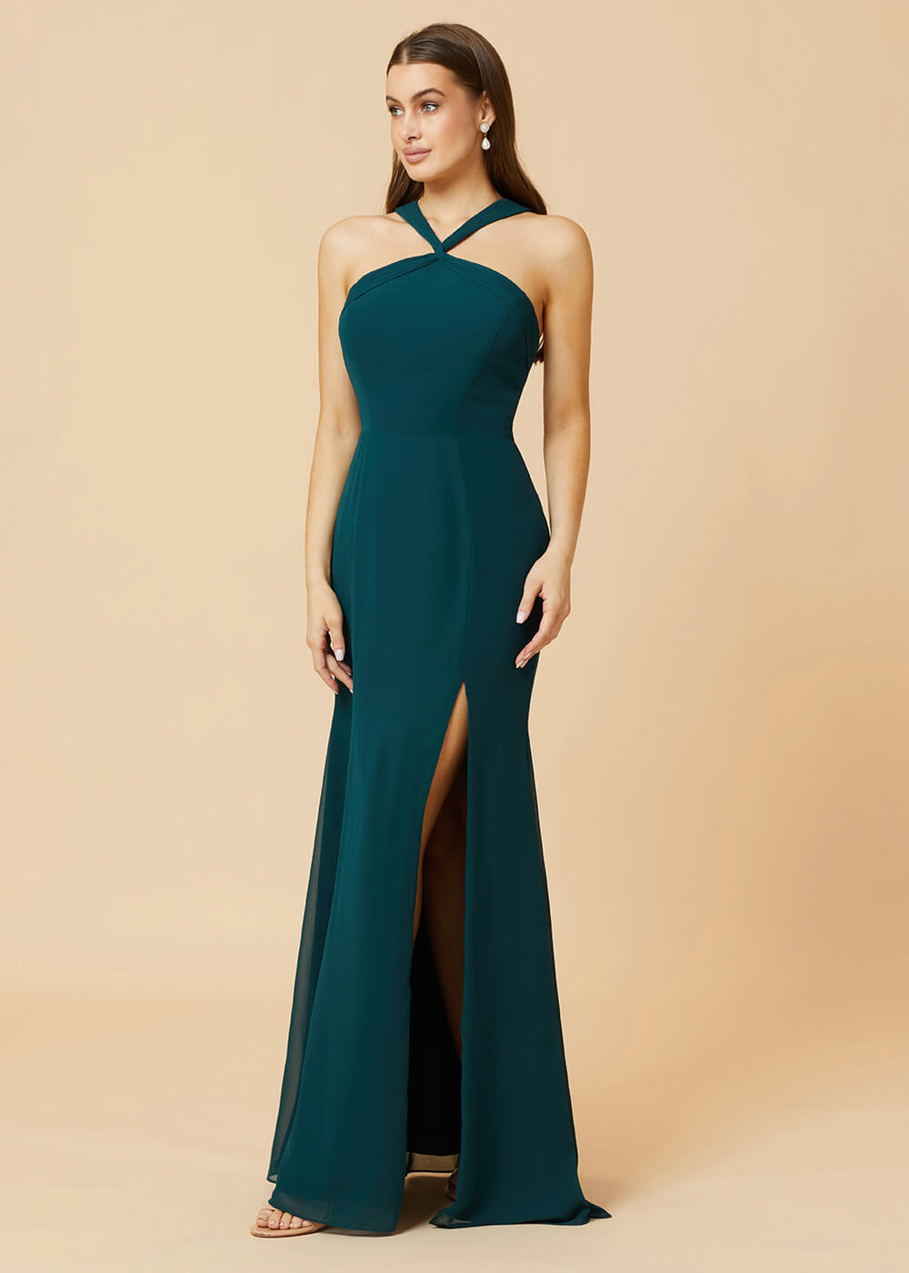 Halter Neck Sheath Chiffon Maxi Bridesmaid Dress