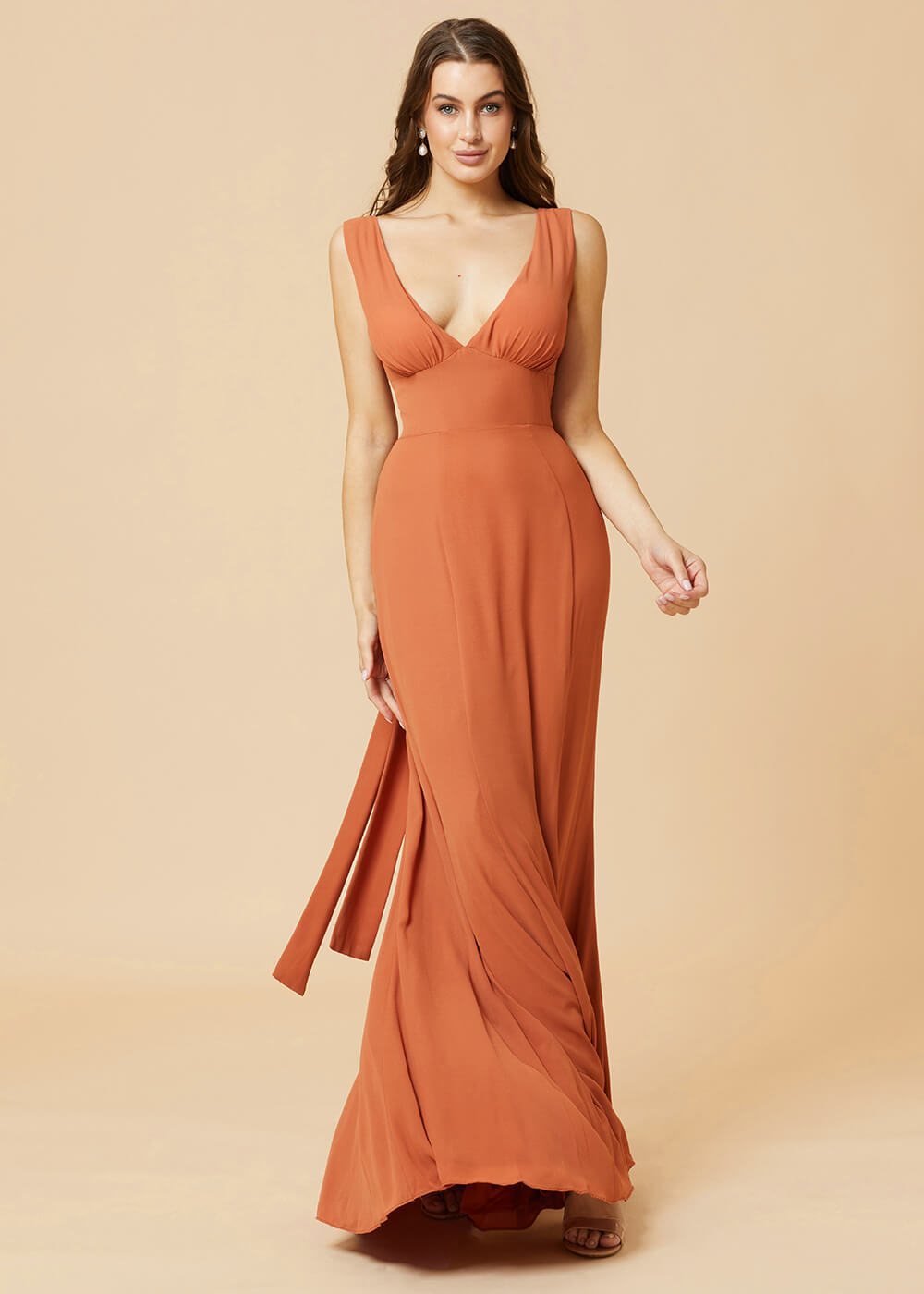 Deep V-neck Sheath Tie Back Chiffon Bridesmaid Dress