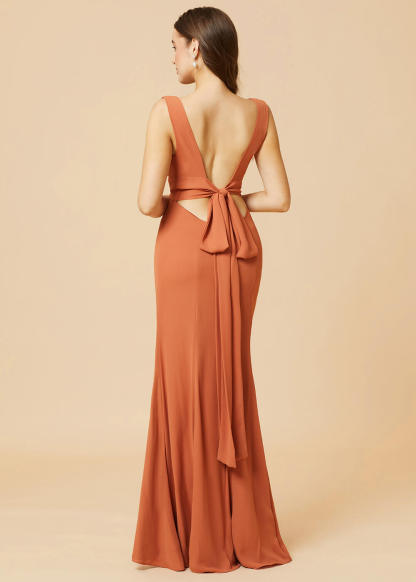 Deep V-neck Sheath Tie Back Chiffon Bridesmaid Dress