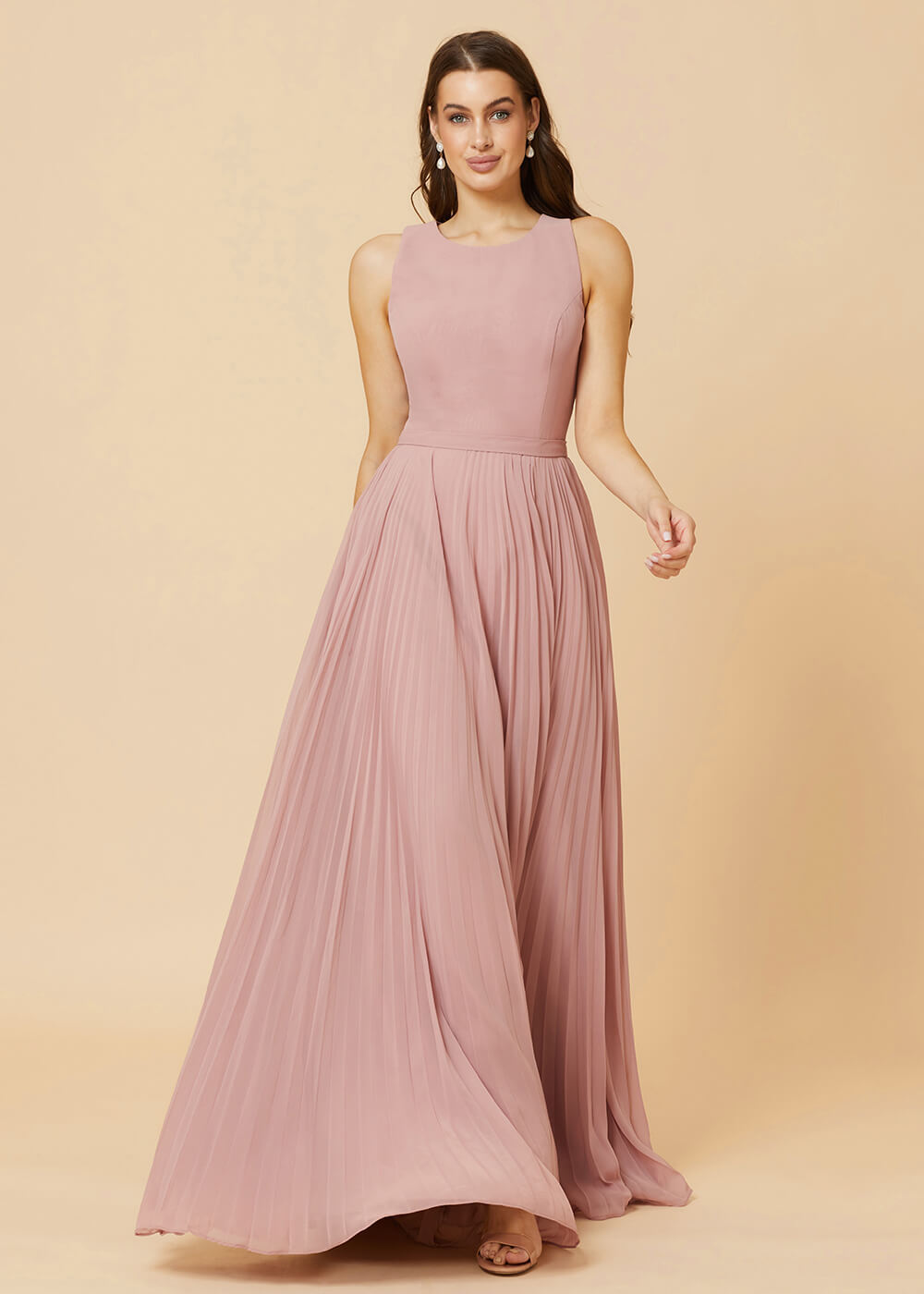 Round Neck A-line Pleated Chiffon Bridesmaid Dress