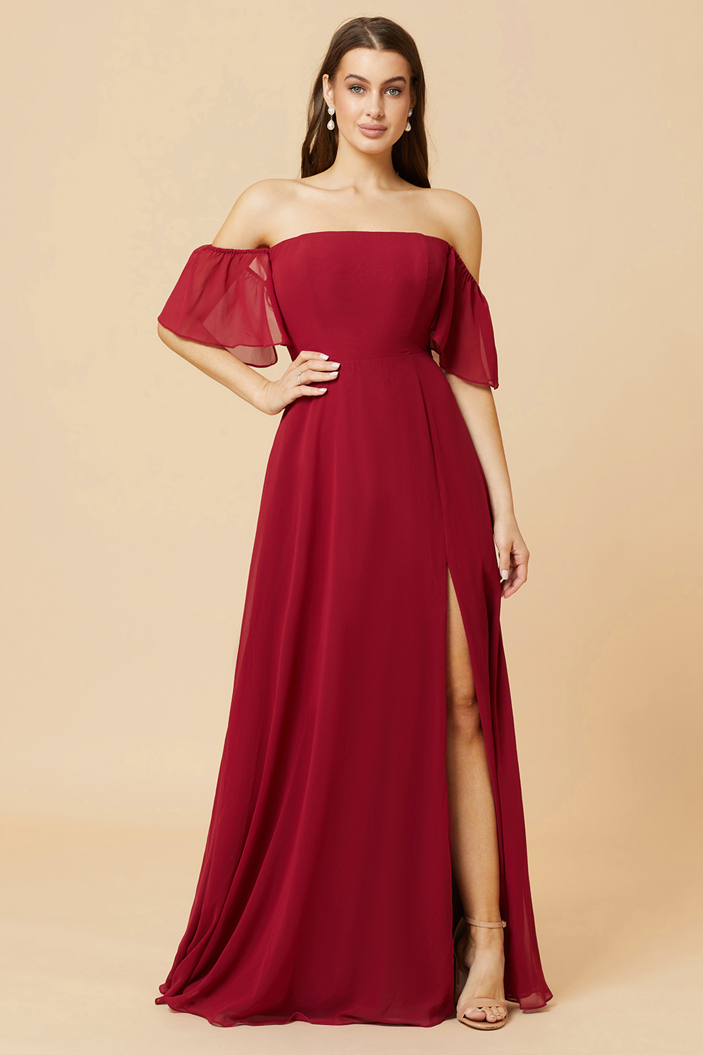 Off the Shoulder Open Back Chiffon Bridesmaid Dress