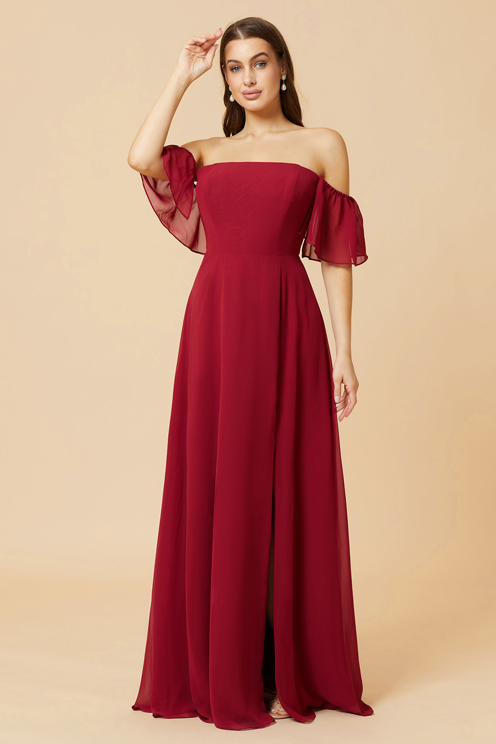 Off the Shoulder Open Back Chiffon Bridesmaid Dress