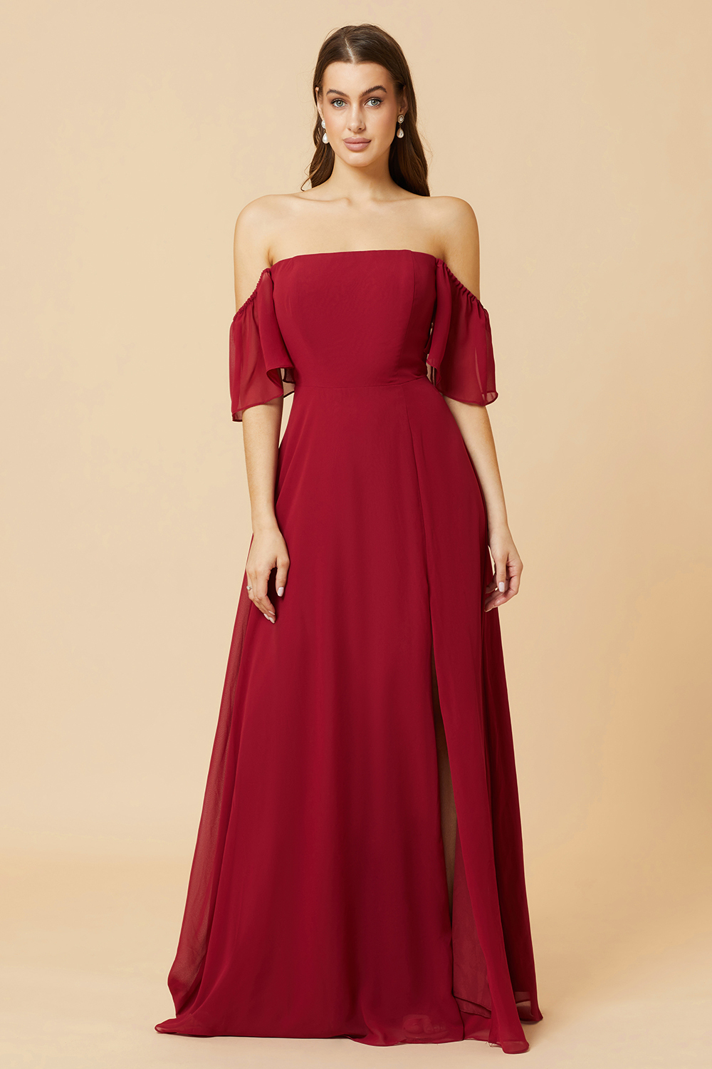 Off the Shoulder Open Back Chiffon Bridesmaid Dress