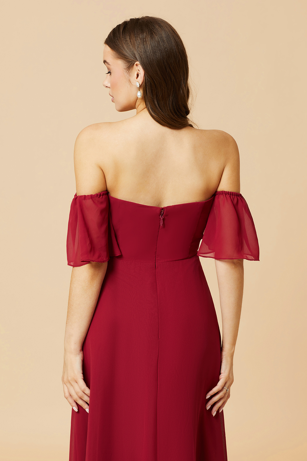 Off the Shoulder Open Back Chiffon Bridesmaid Dress