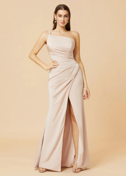 One Shoulder Satin Sheath Floor Length Bridesmaid Dress with Slit