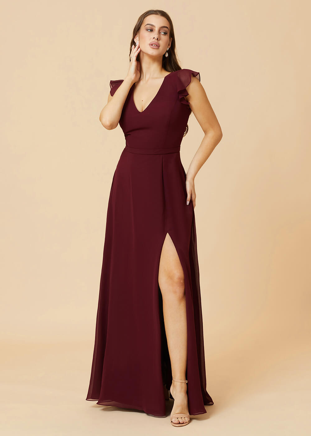 V-neck V-back A-line Chiffon Bridesmaid Dress