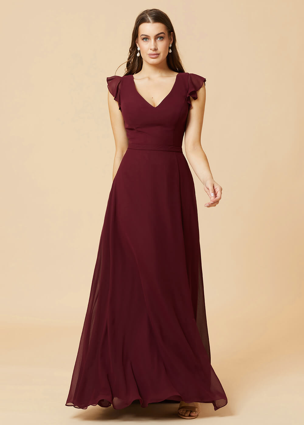 V-neck V-back A-line Cap Sleeve Chiffon Floor Length Bridesmaid Dress