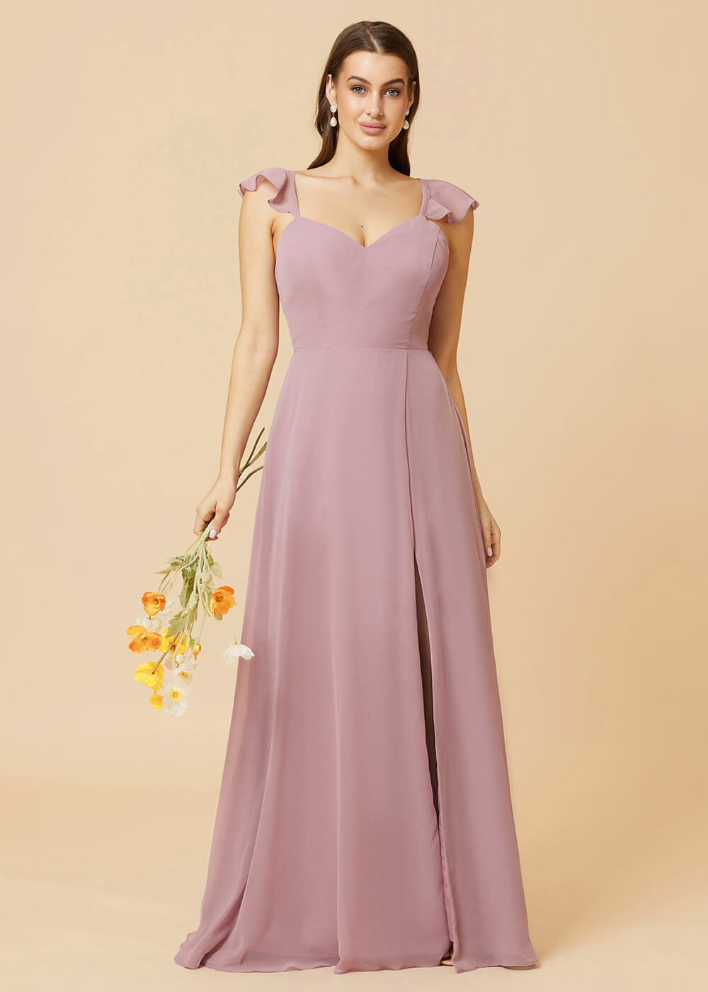 V-neck Tie Back Strap A-line Chiffon Floor Length Bridesmaid Dress