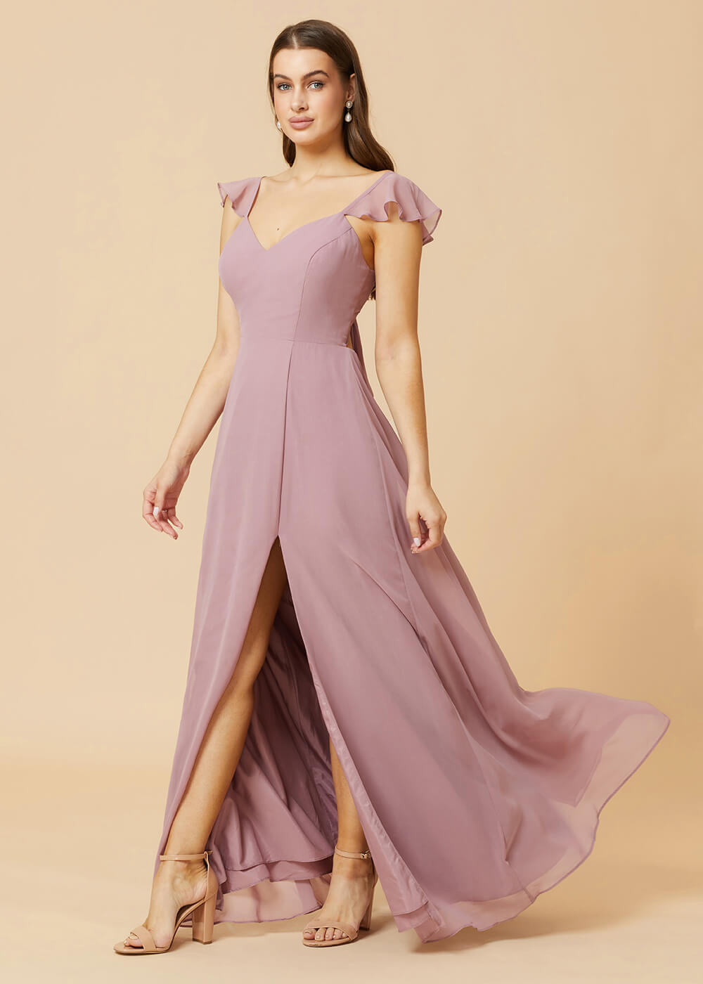 V-neck Tie Back Strap A-line Chiffon Bridesmaid Dress