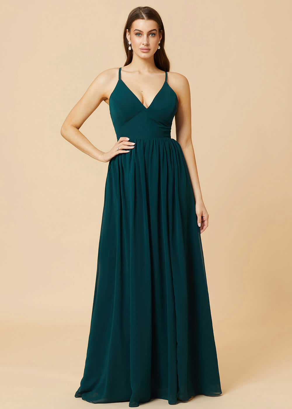 Deep V-neck Tie Back A-line Chiffon Bridesmaid Dress with Slit
