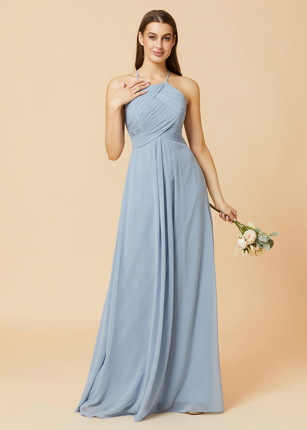 Halter Neck Pleated Chiffon Bridesmaid Dress