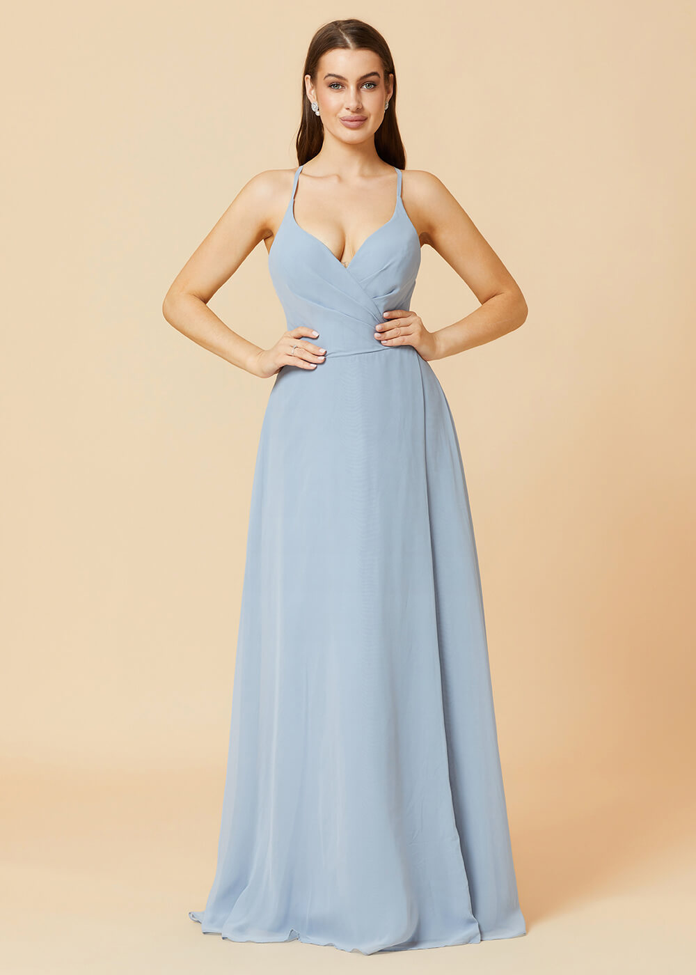 V-neck Spaghetti Strap Button Back Chiffon Bridesmaid Dress