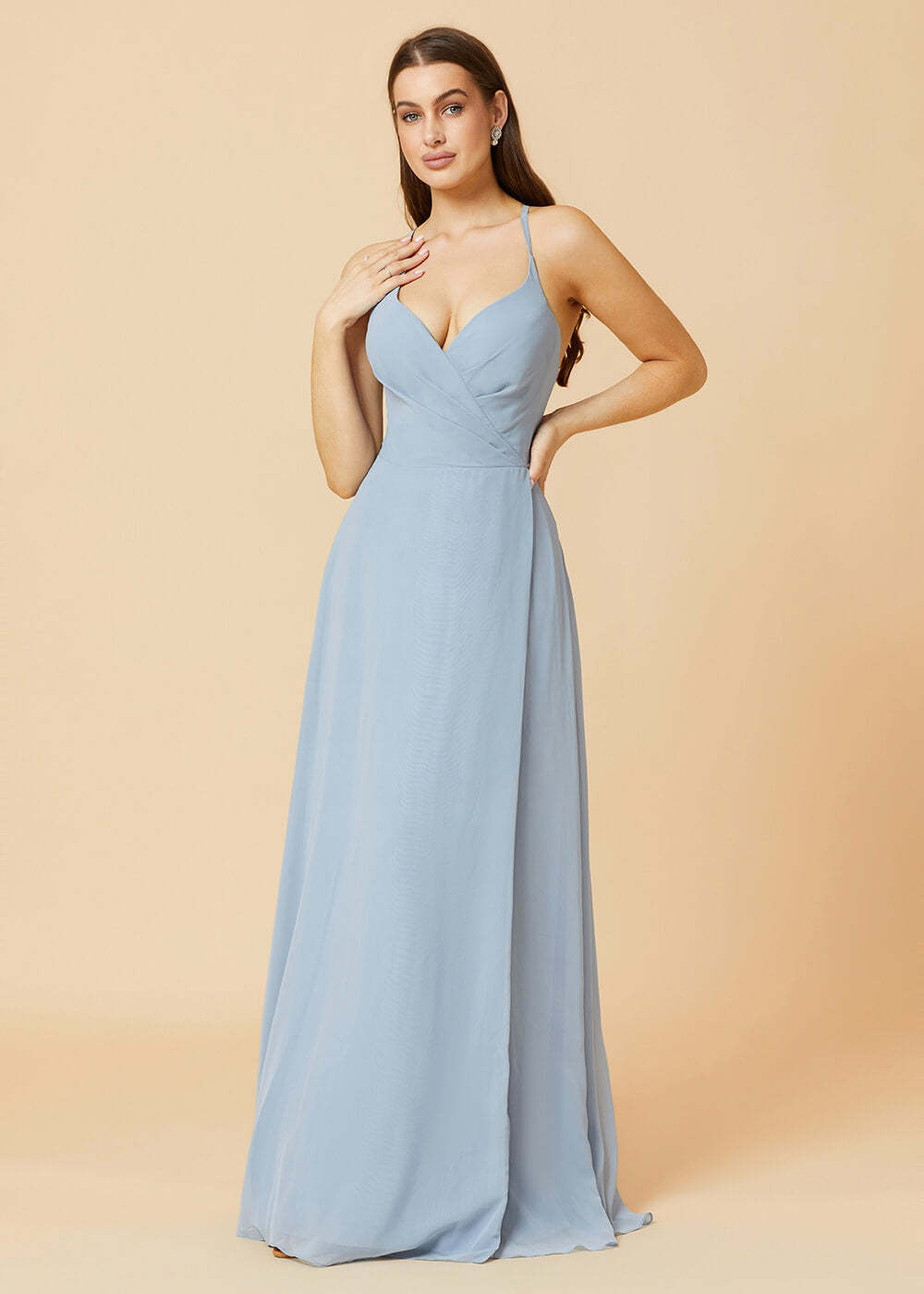 V-neck Spaghetti Strap Button Back Chiffon Bridesmaid Dress
